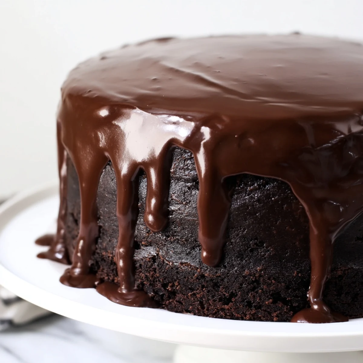 A slice of chocolate cake with ganache showing its deep, dark, tempting, velvety textures in detail.