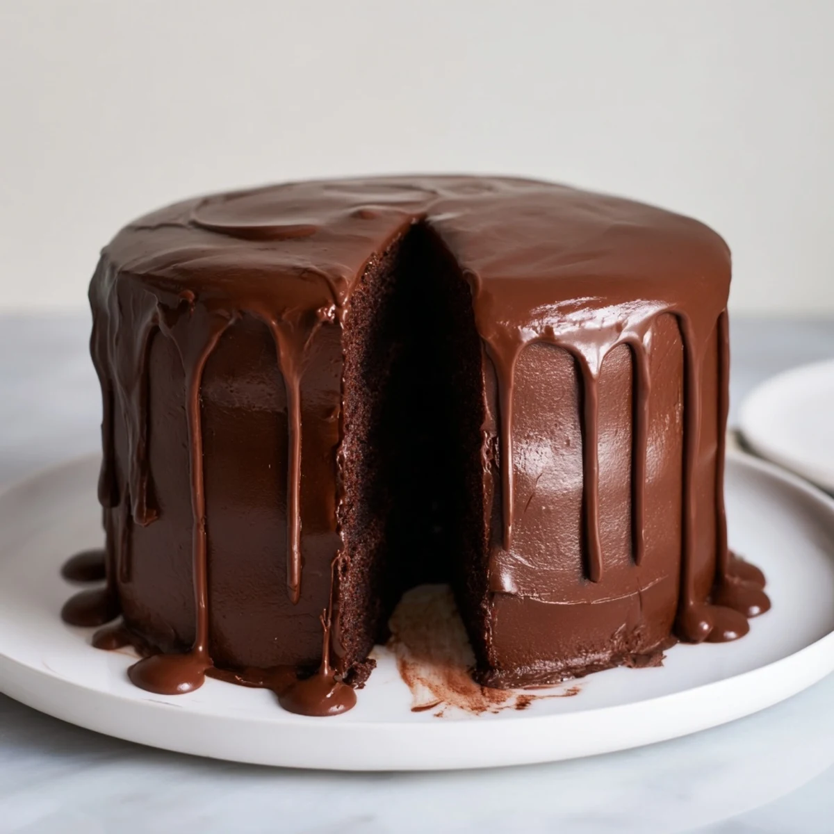 Frosted chocolate cake with ganache, with layers of moist sponge and rich, indulgent ganache frosting.