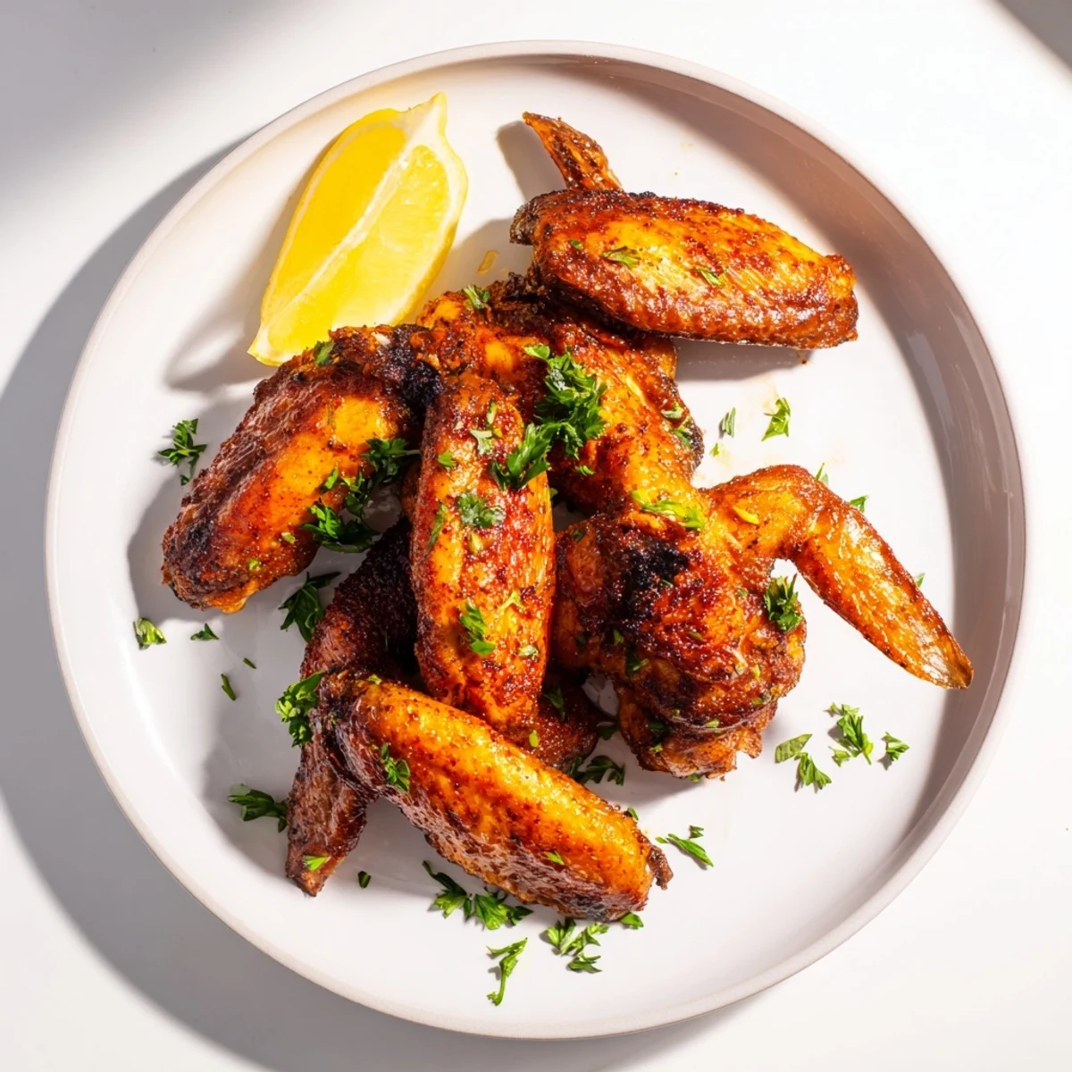 Close-up of deliciously seasoned roasted chicken wings, cooked until crispy and irresistible.