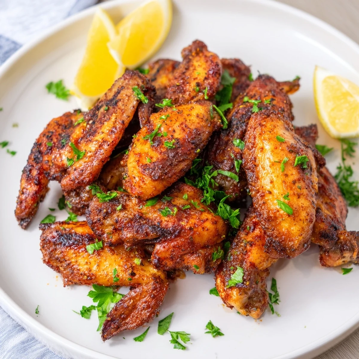 Crispy roasted chicken wings with parsley garnish, perfect for your next American-style meal.
