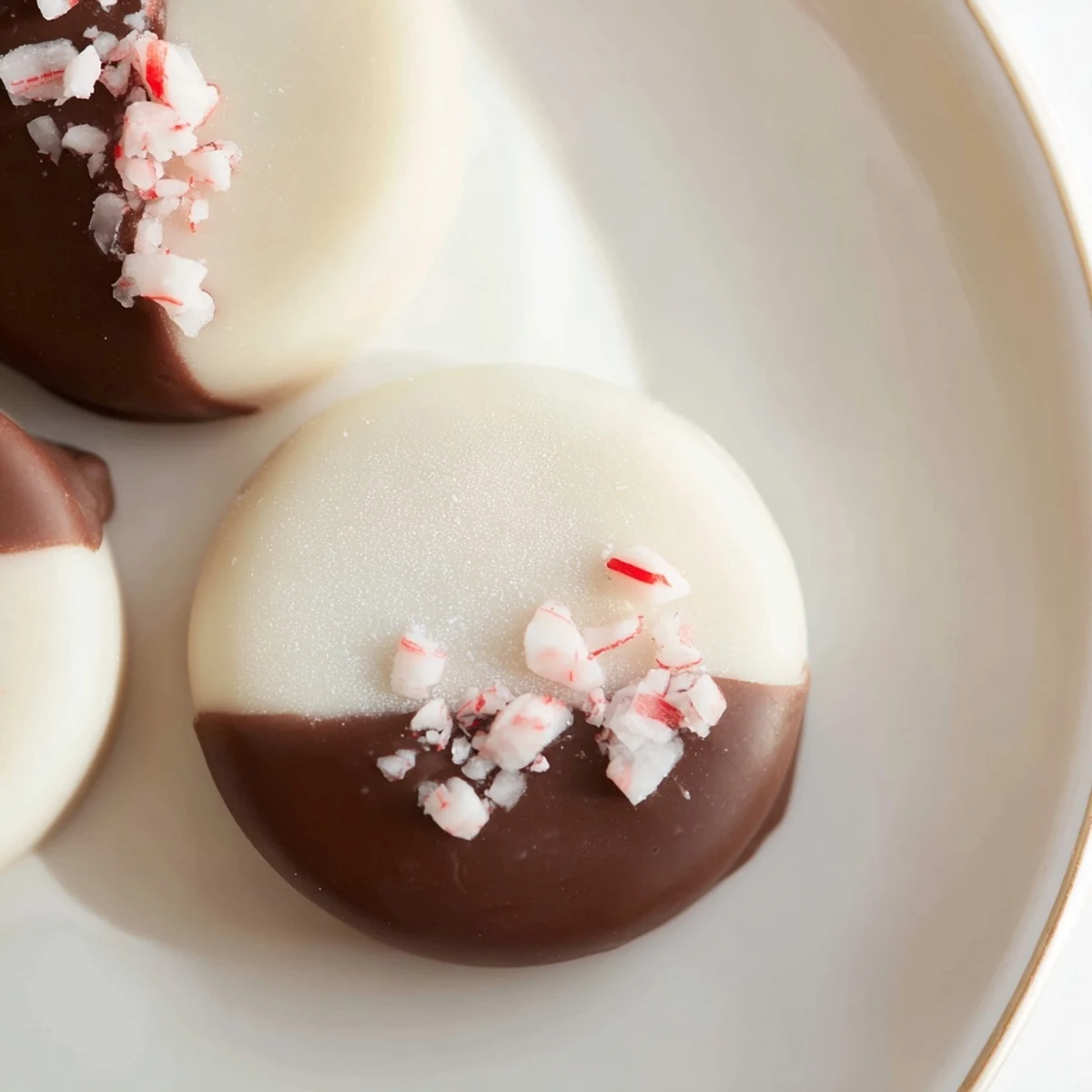 Crisp, white Peppermint Creams, ready for dipping in dark chocolate for an extra delicious bite.