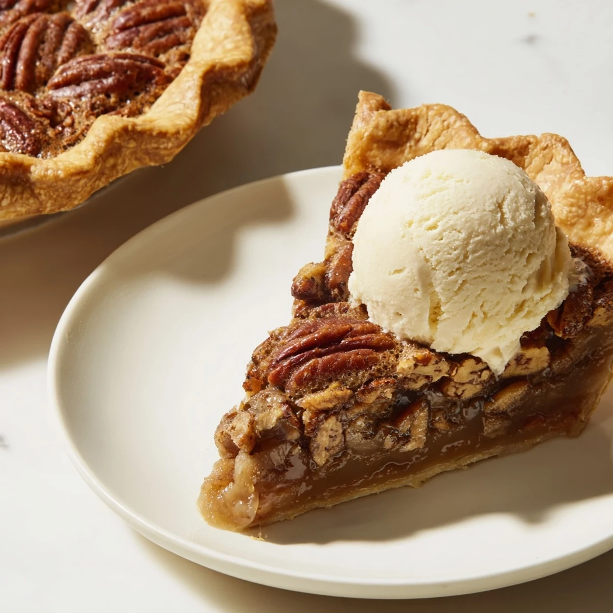 Warm Pecan Pie slice, golden brown, baked to perfection with a flaky pastry crust.