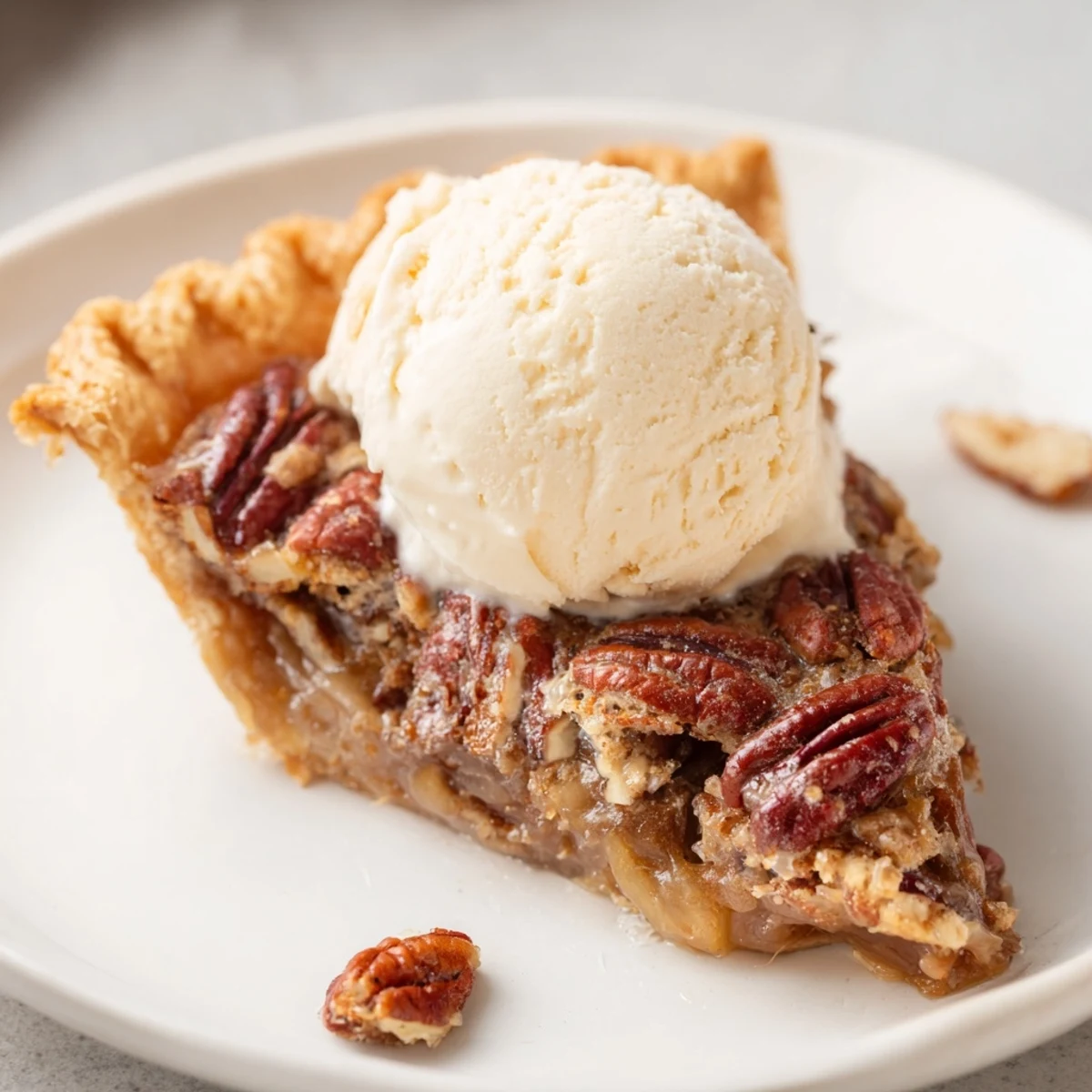 Buttery Warm Pecan Pie, enticingly served warm with a scoop of melting vanilla ice cream.