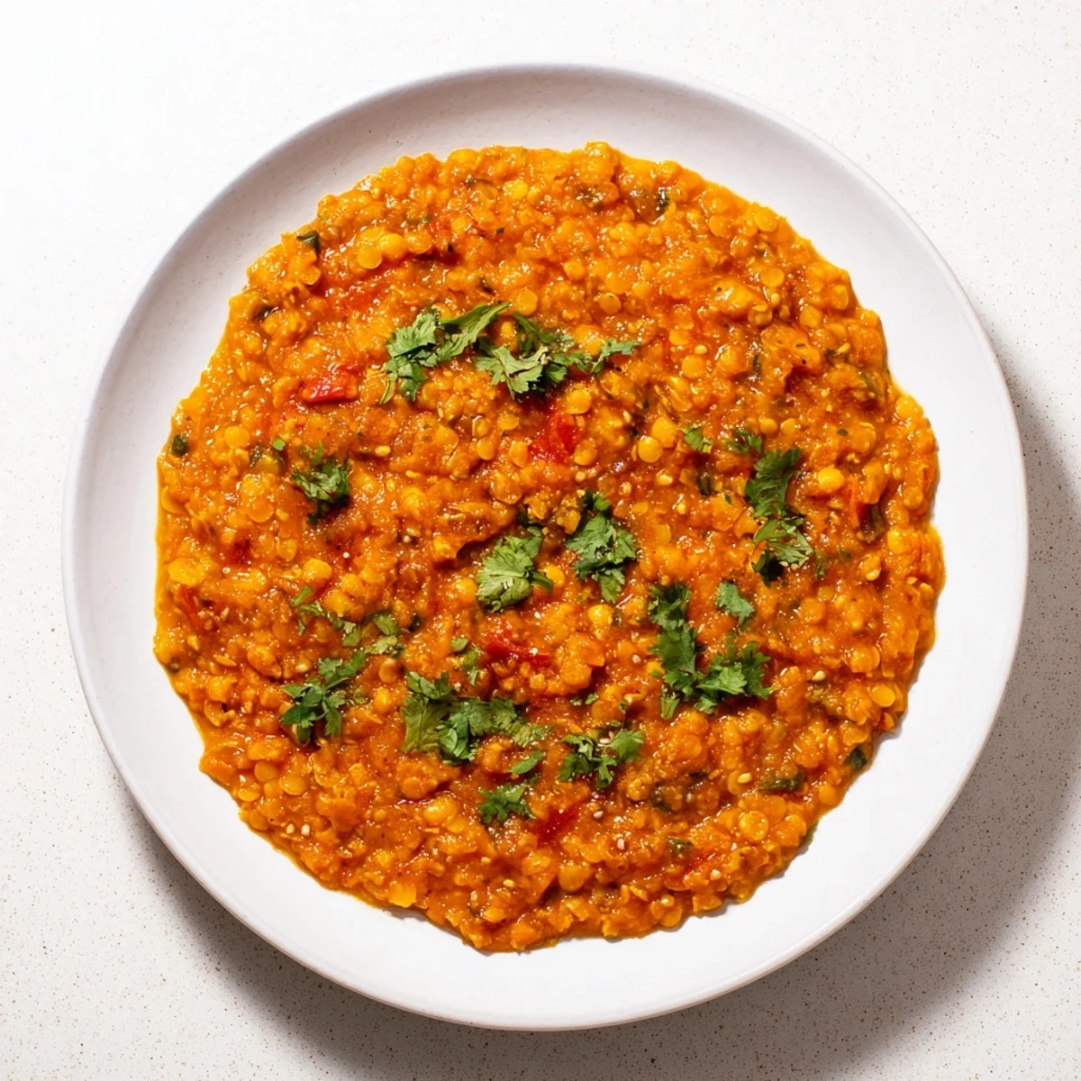 Steaming bowl of Spiced Lentil Dhal, garnished with cilantro, a vibrant Indian vegan delight.