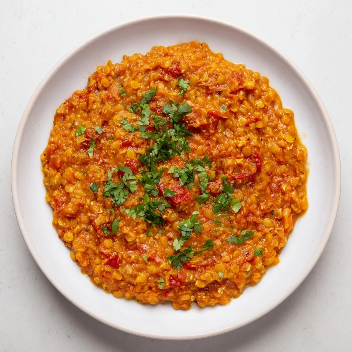 Close-up of hearty Spiced Lentil Dhal, its rich red hues highlighting the aromatic spices.