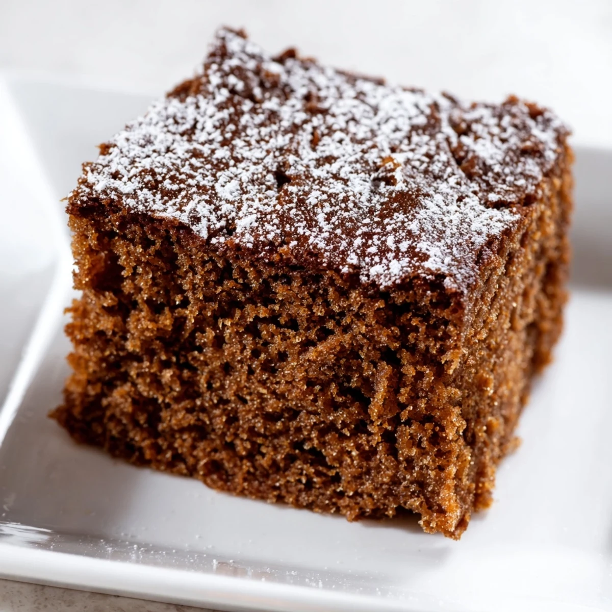 Warm and inviting gingerbread cake, perfect with a dusting of powdered sugar, ready to serve.