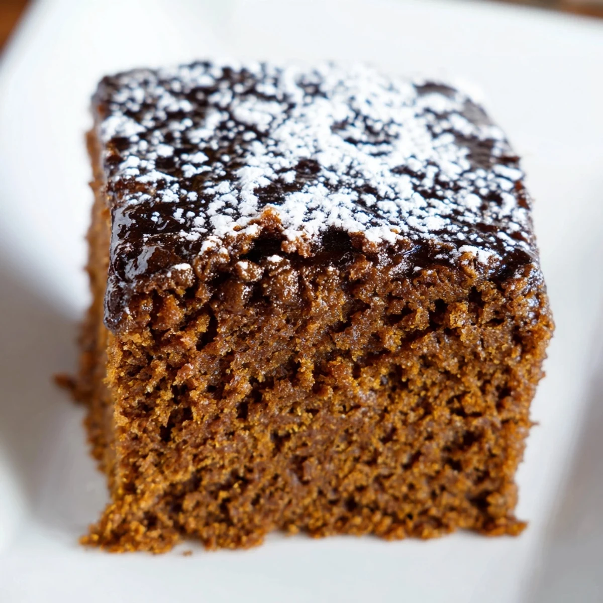 A slice of moist gingerbread cake, showcasing the rich spices and flavors for dessert.