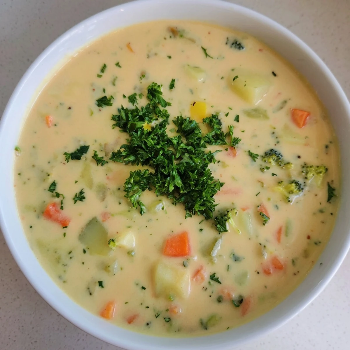 Creamy Vegetable Soup, a warm and inviting bowl of pureed soup, garnished with fresh parsley.