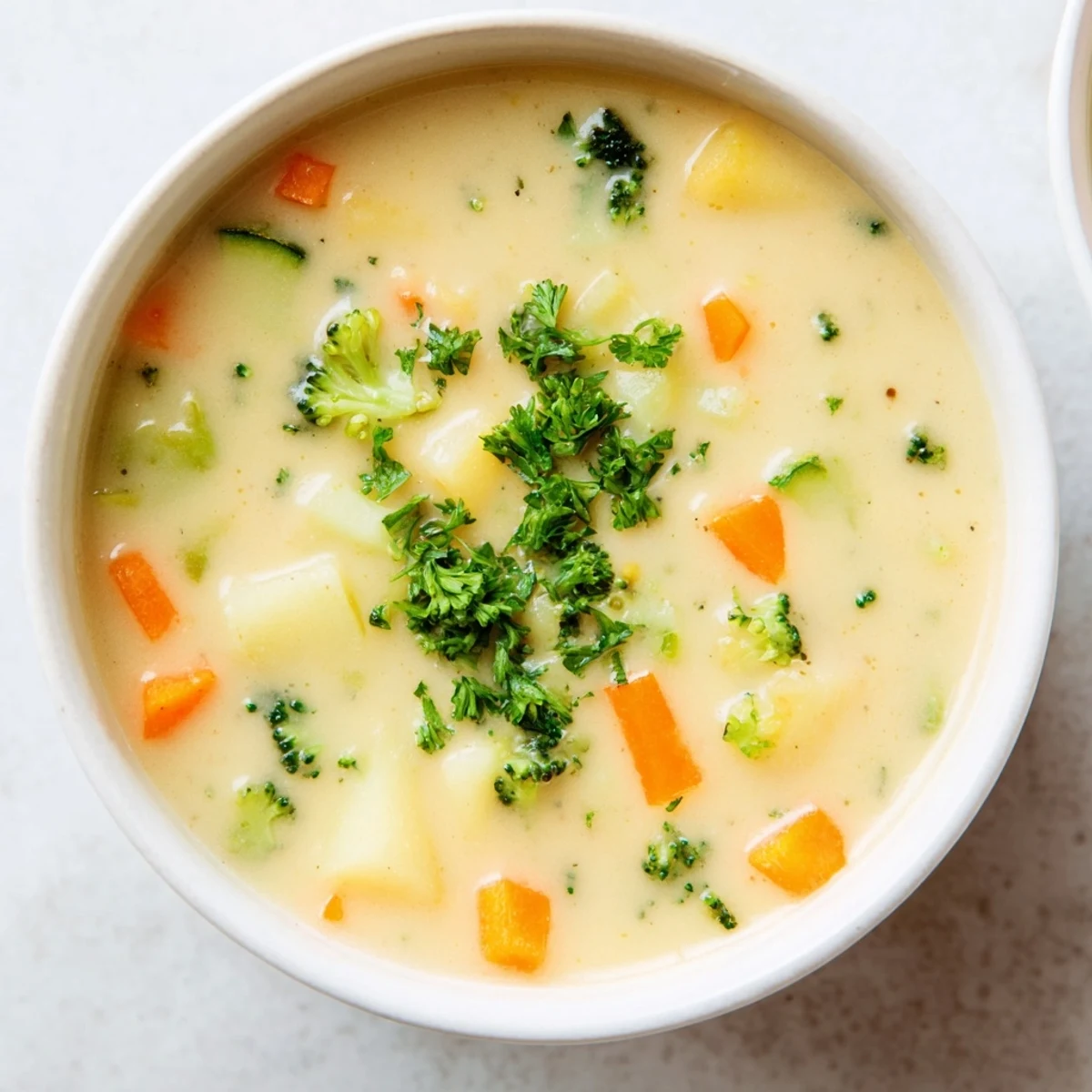 A close-up view of Creamy Vegetable Soup, a smooth, vibrant, and aromatic vegetarian meal.