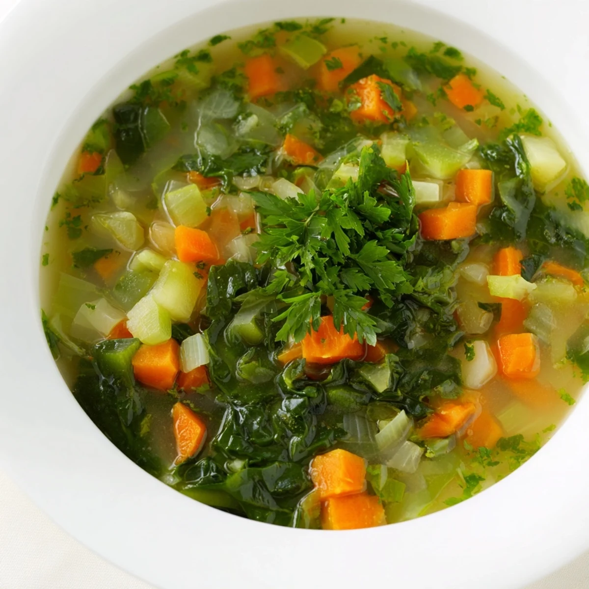 A creamy, vibrant Winter Green Soup, showcasing a blend of fresh greens and hearty vegetables.