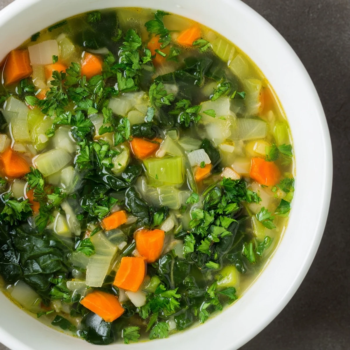 Steaming bowl of Winter Green Soup, garnished with parsley, ready for a comforting, healthy meal.