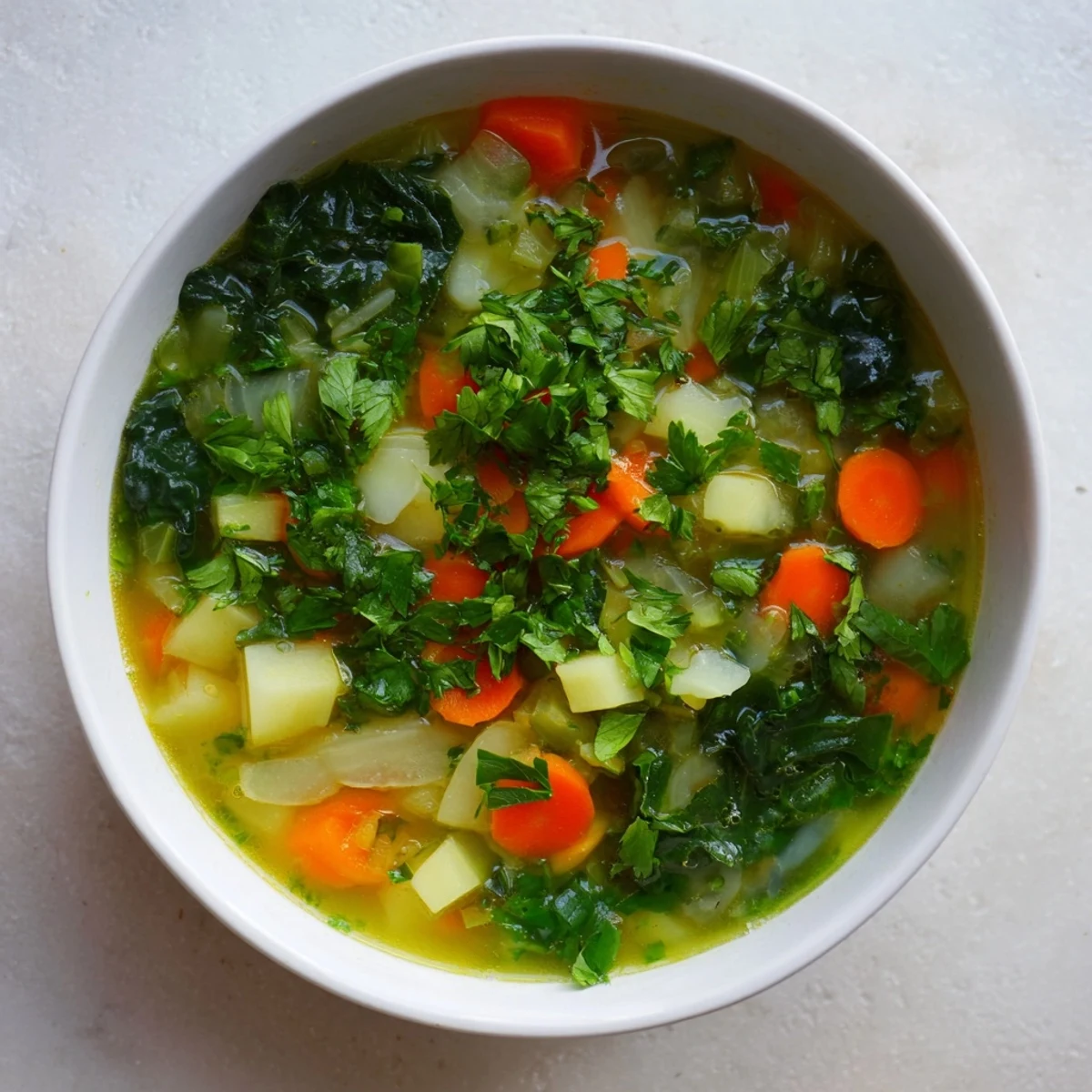 Enjoy a delicious bowl of Winter Green Soup, the perfect vegetarian, gluten-free, dairy-free dish.