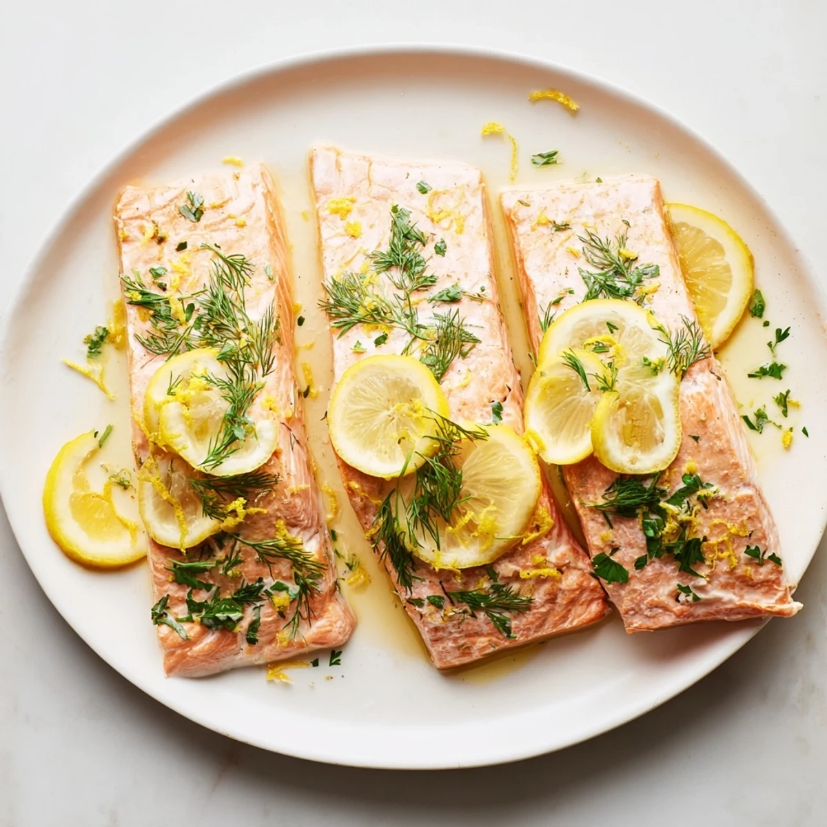 Perfectly cooked baked salmon fillet with vibrant lemon slices, ready to plate and enjoy.