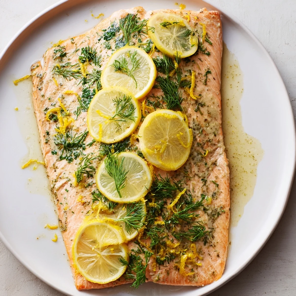 Flaky, golden-brown baked salmon fillet, seasoned with herbs; imagine the delicious aroma.
