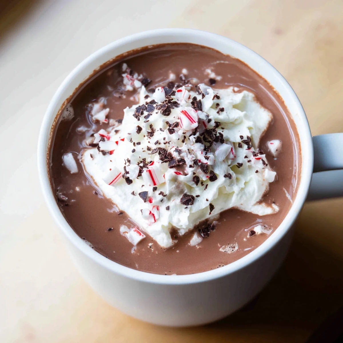 Steaming mug of Cocoa Peppermint hot chocolate, crowned with whipped cream and crushed candy canes.
