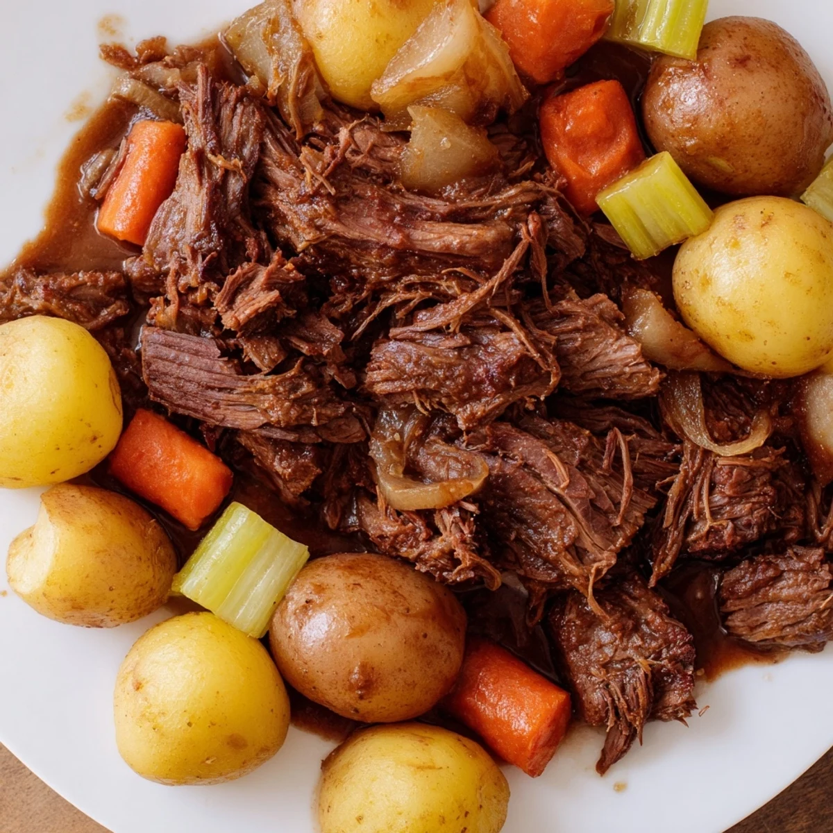 Easily shredded fork-tender beef, a flavorful slow cooked pot roast with savory sauce.