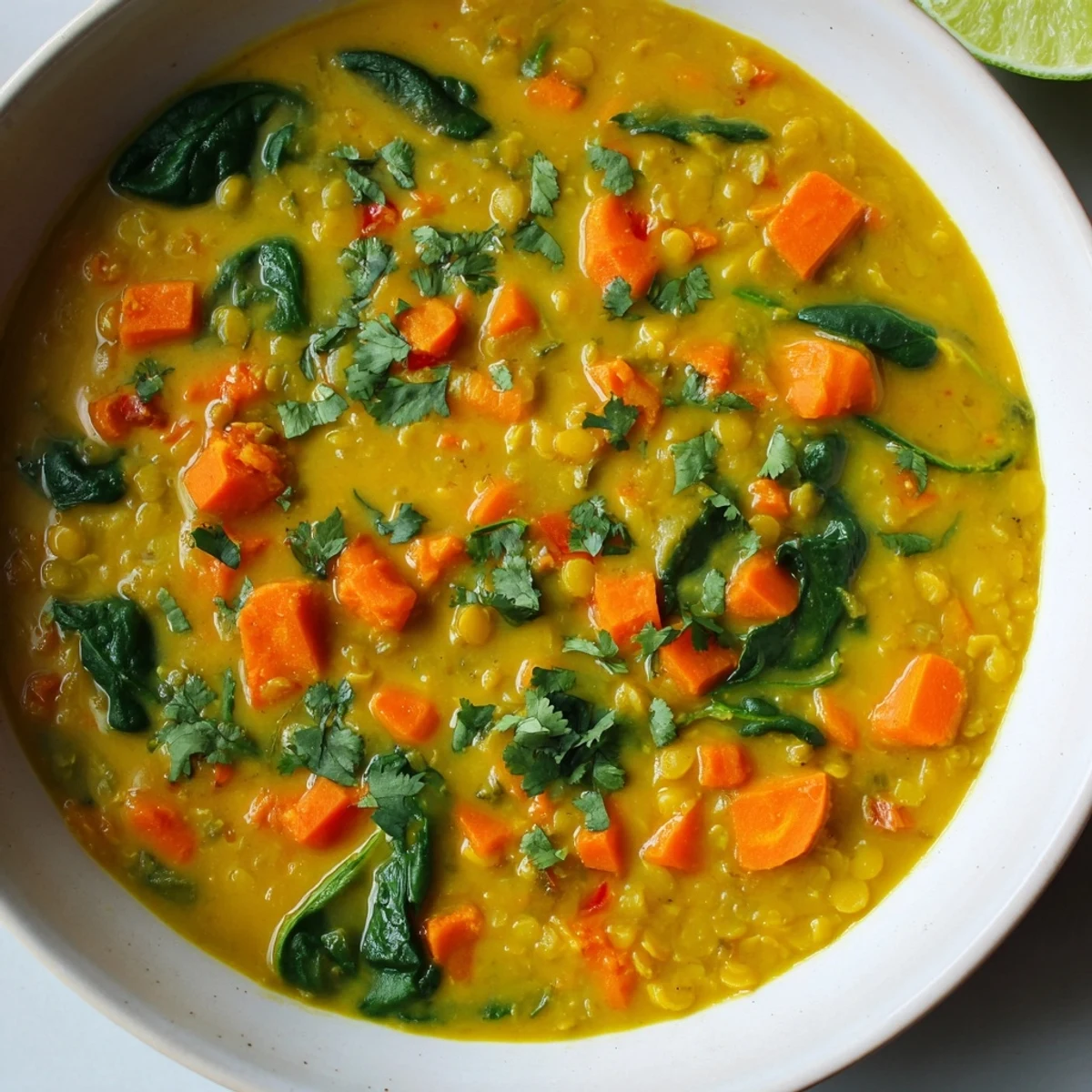 Steaming bowl of Coconut Curry Lentil Soup with spinach, full of vibrant colors and warming spices.
