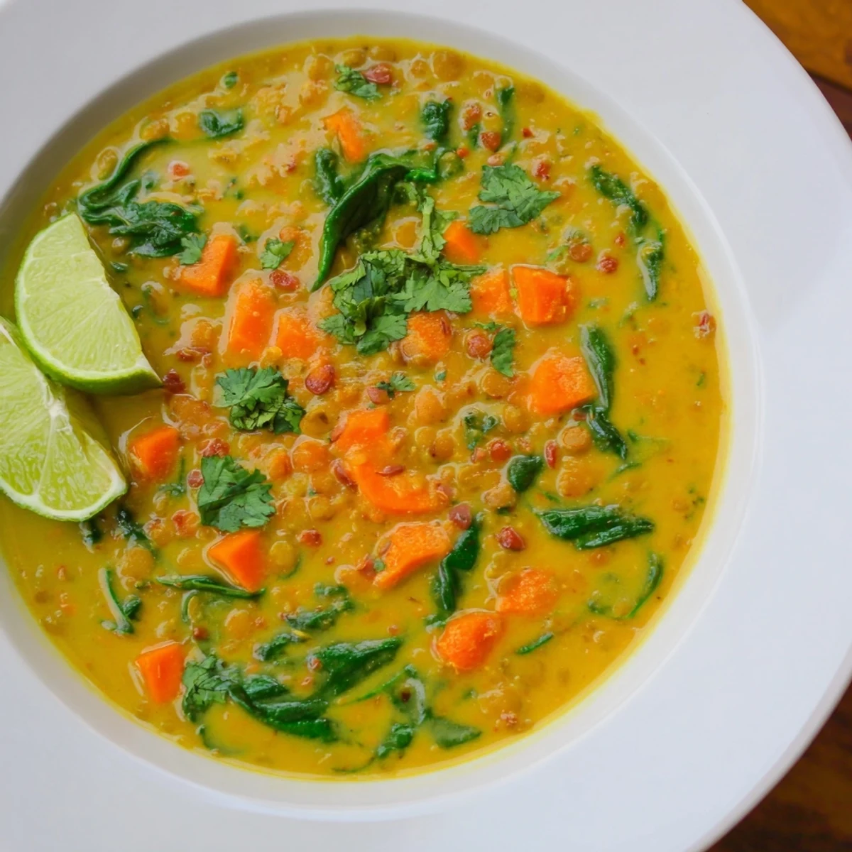 Rich, creamy Coconut Curry Lentil Soup with spinach, a vegan delight ready to be savored for dinner.