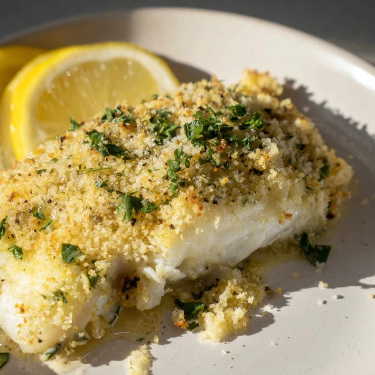 Golden-topped baked cod with lemon herb butter crumb, perfect for a flavorful weeknight seafood meal.