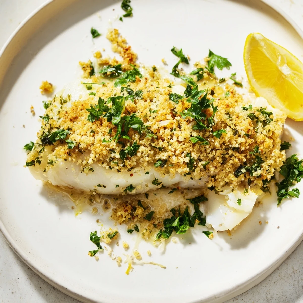 Flaky, baked cod fillets, covered in a zesty lemon butter crumb, ready to be served hot.