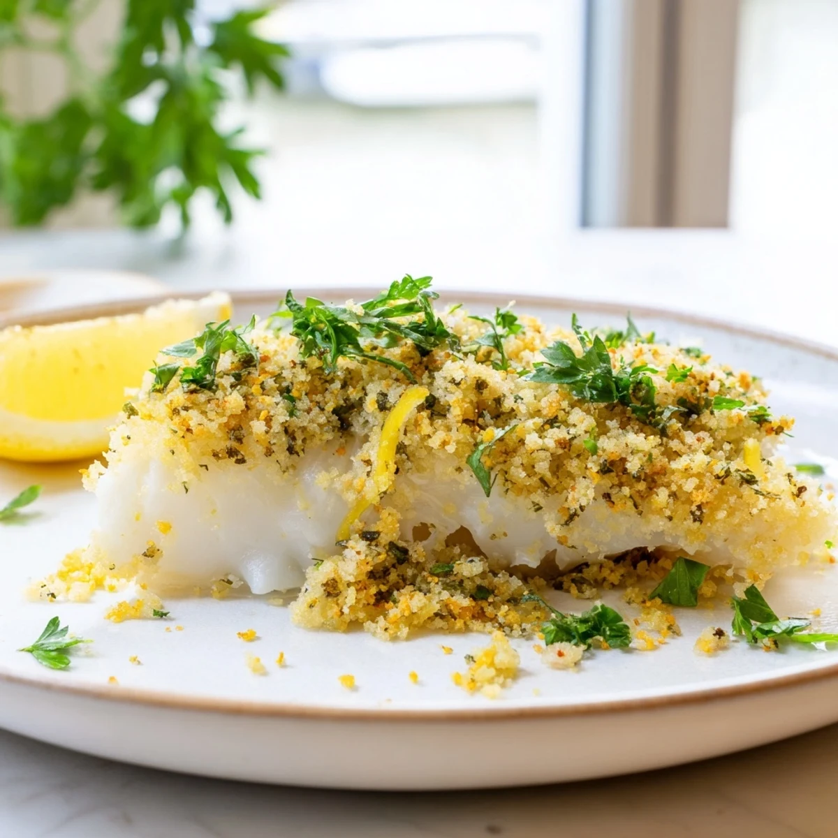 Delicious baked cod, showcasing a crispy crumb topping, sits next to fresh lemon wedges.