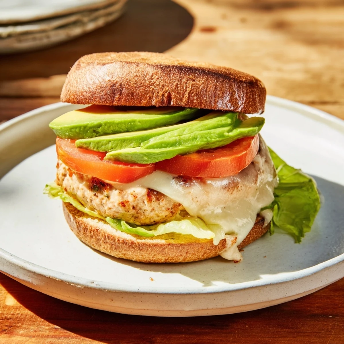 A delicious turkey burger with creamy avocado, melted Swiss, and fresh lettuce ready to eat.