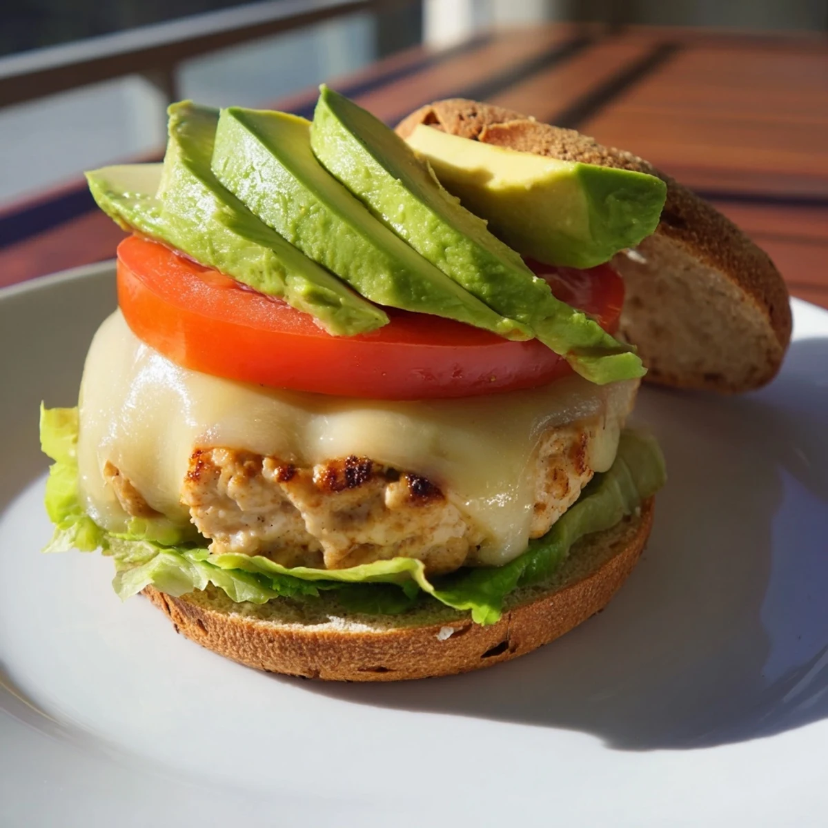 Juicy turkey burger with avocado and Swiss cheese oozing with melted goodness, a perfect dinner.