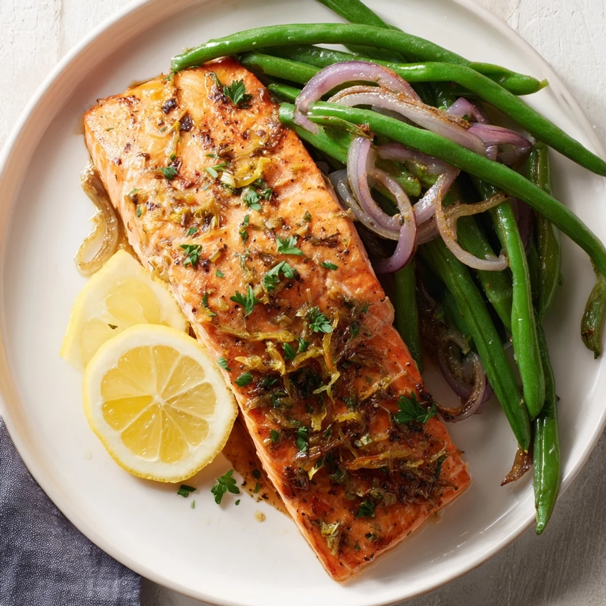 Vibrant image shows sheet pan salmon and green beans, roasted with herbs and ready to serve.