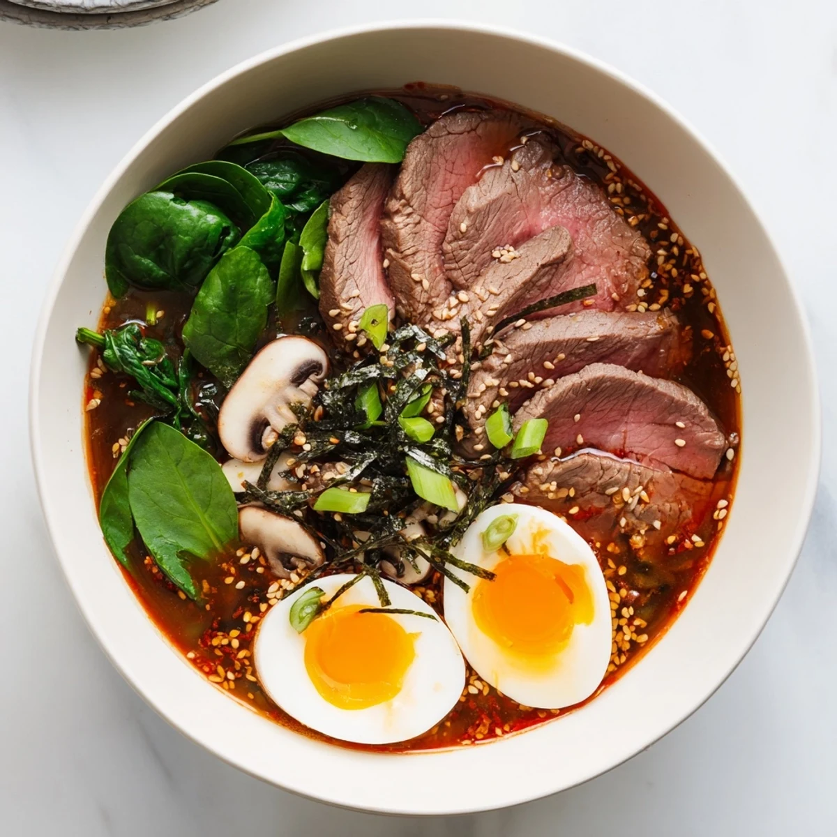 Steaming bowl of spicy beef ramen, garnished with a soft-boiled egg and scallions.