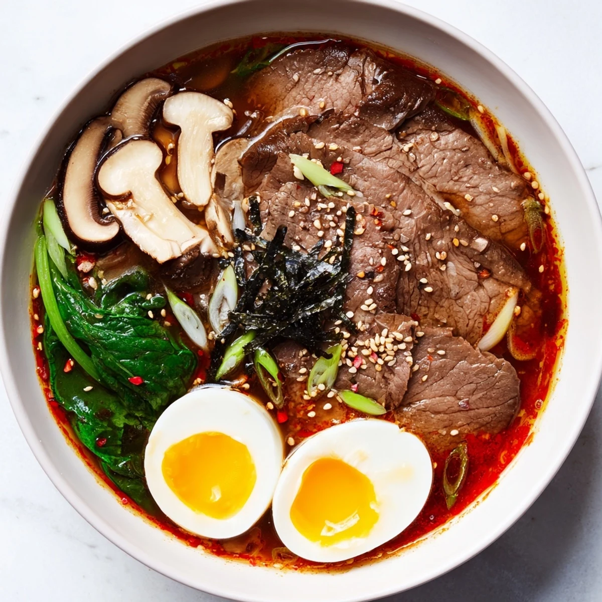 A close-up view of flavorful spicy beef ramen, showcasing tender beef and perfect egg.
