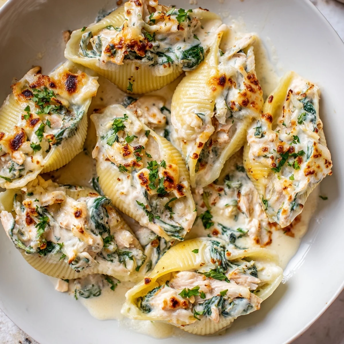Chicken Alfredo Stuffed Shells with spinach, bubbly, golden brown, fresh from the oven, ready to serve.