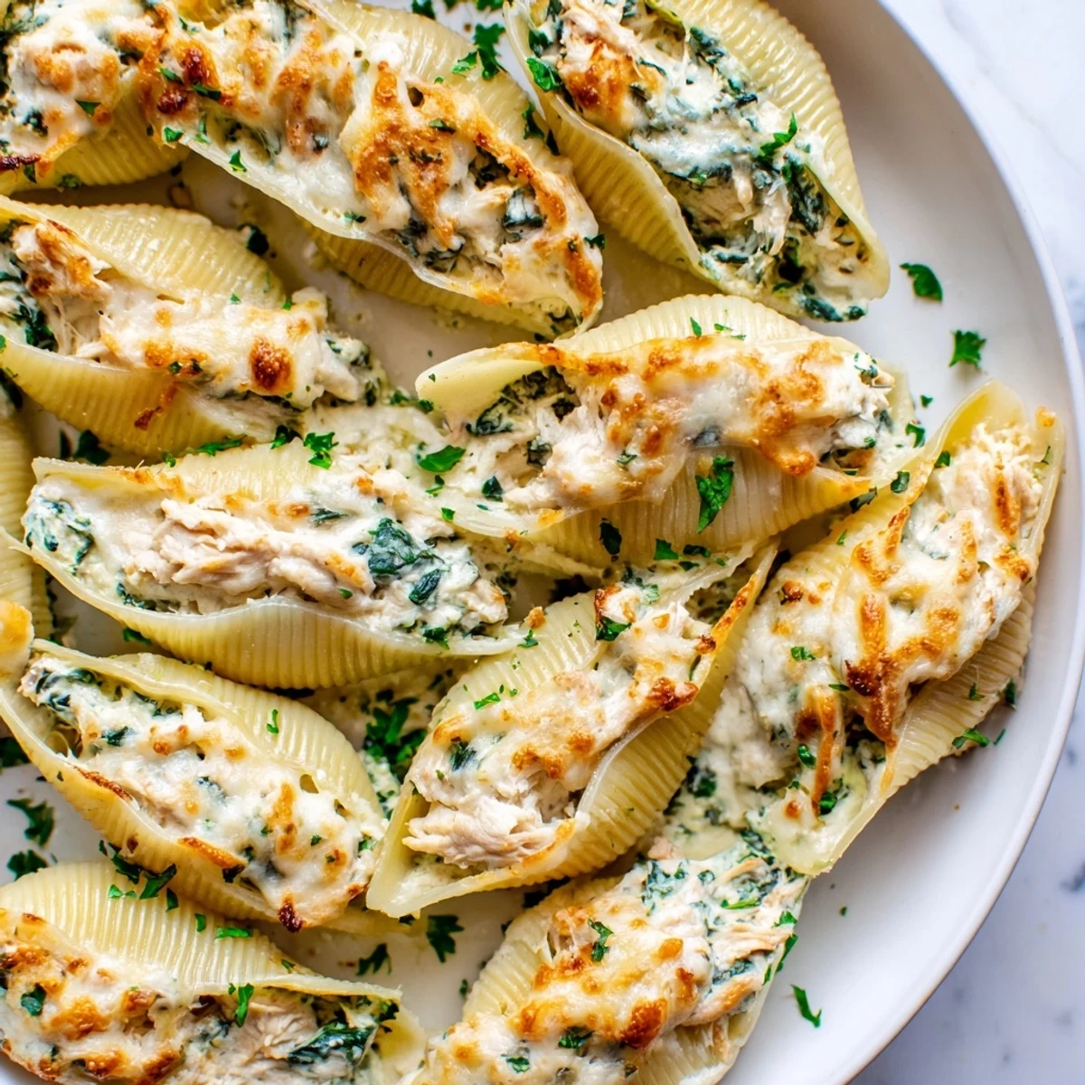 Creamy Chicken Alfredo Stuffed Shells, brimming with filling, topped with melted mozzarella, a delicious Italian meal.