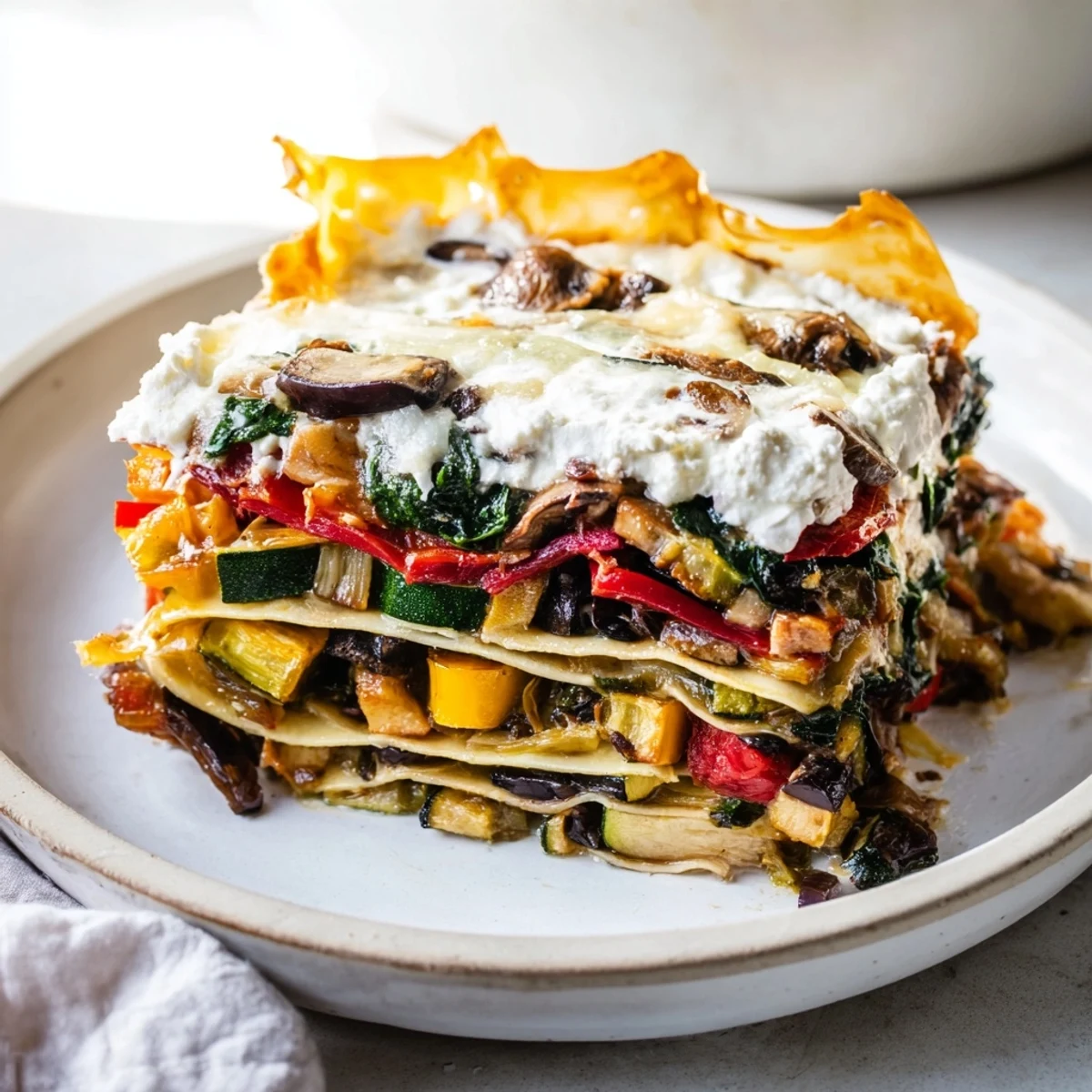 Golden-brown roasted vegetable lasagna, bubbling hot, a delightful vegetarian Italian dish perfect for dinner.