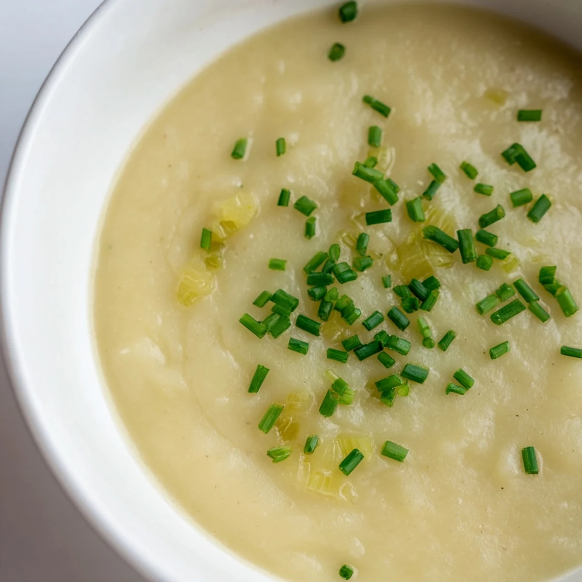 Homemade creamy potato leek soup topped with bright green chives, ready to be served hot.