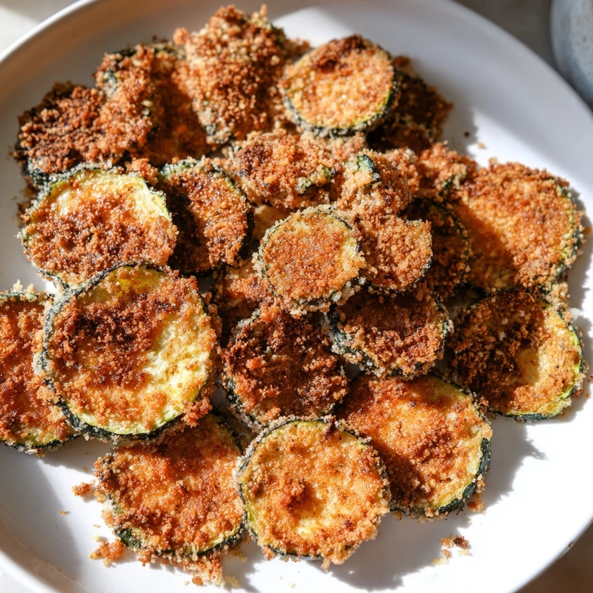 Golden, crispy Air Fryer Zucchini Chips, a perfect snack with a sprinkle of Parmesan, ready to eat.