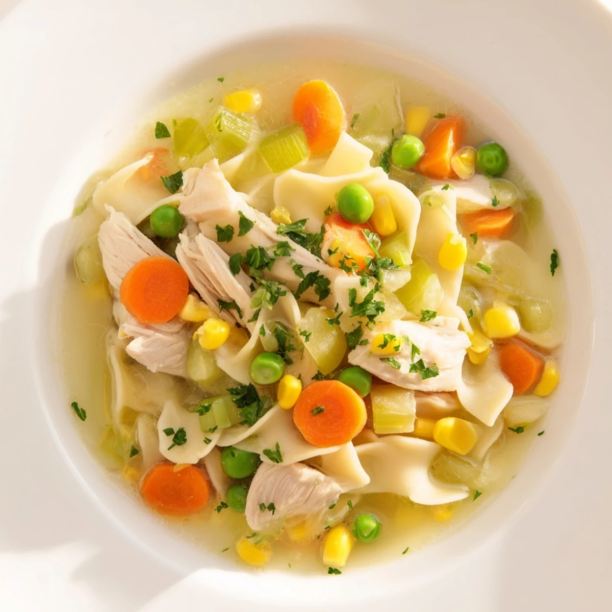 Steaming bowl of Chicken Vegetable Soup with Noodles, showcasing tender chicken and vibrant vegetables, ready to enjoy.