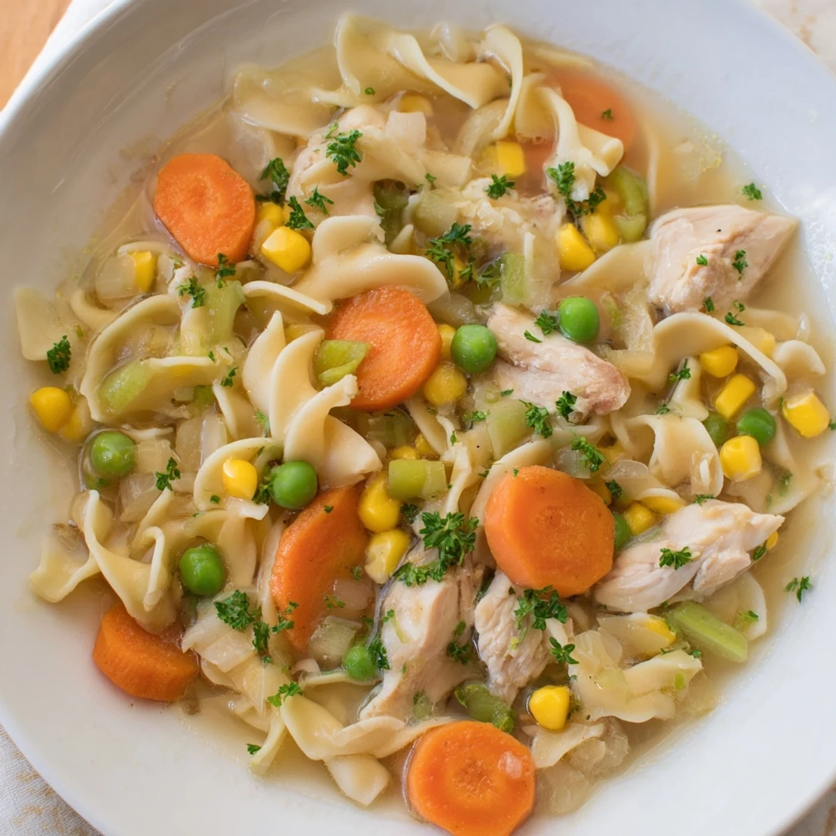 A warm, close-up view of homemade Chicken Vegetable Soup with Noodles, including fresh parsley garnish.