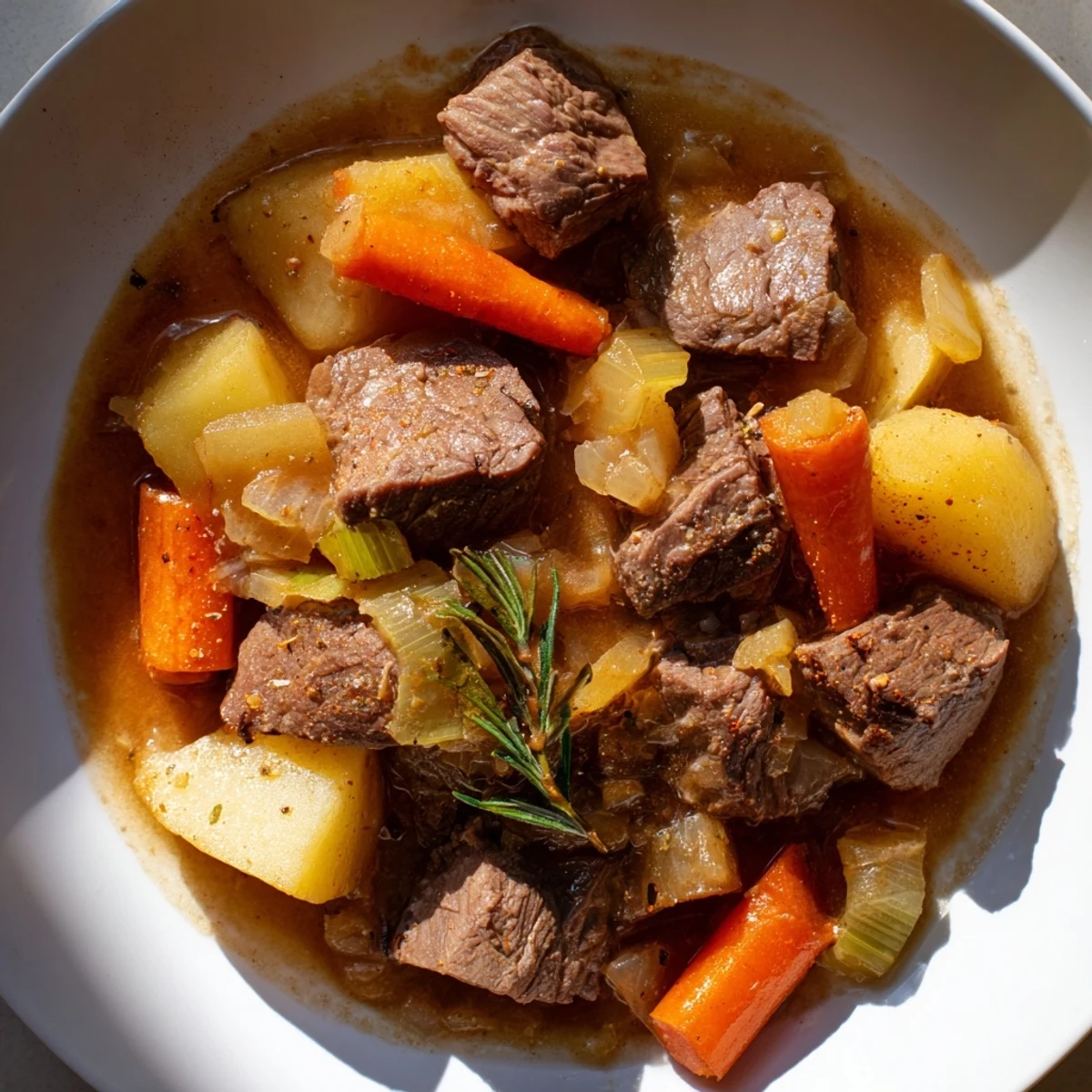 Steaming bowl of Slow Cooker Beef Stew with potatoes, thick broth, and hearty chunks of meat.