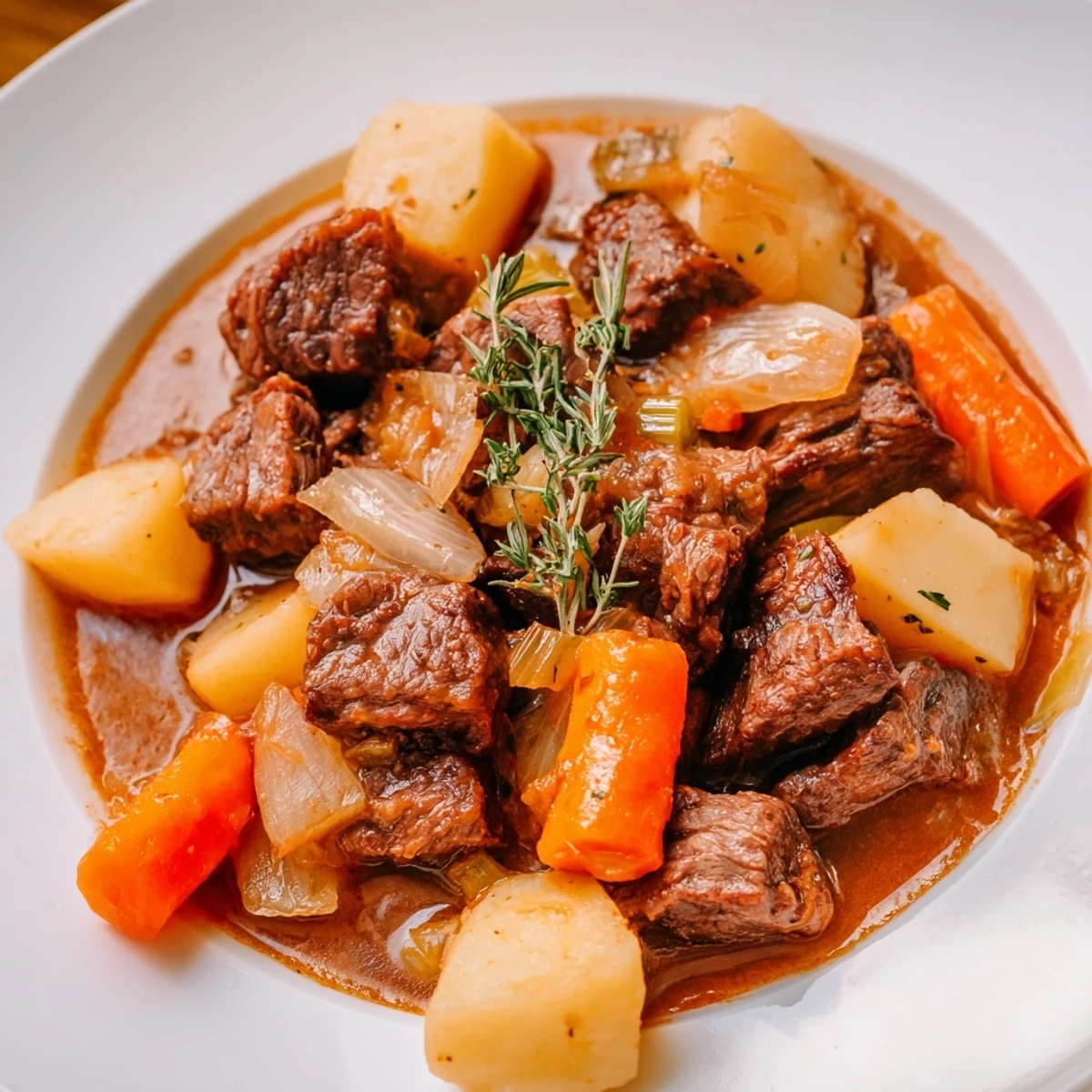 Close-up of the flavorful Slow Cooker Beef Stew showcasing tender beef and soft potatoes.
