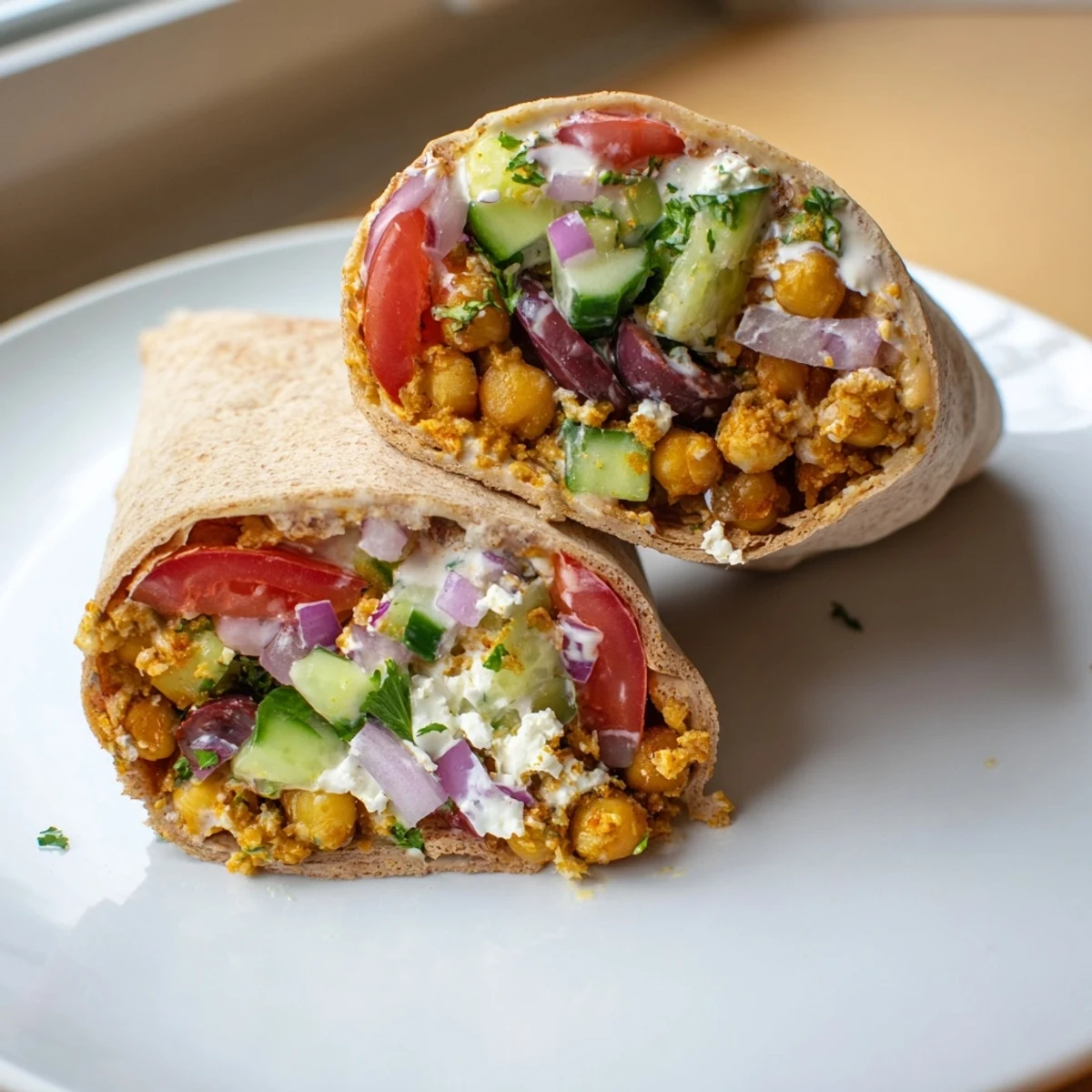 Golden, spiced chickpeas inside a fresh Mediterranean Chickpea Wrap, ready to eat alongside fresh veggies.