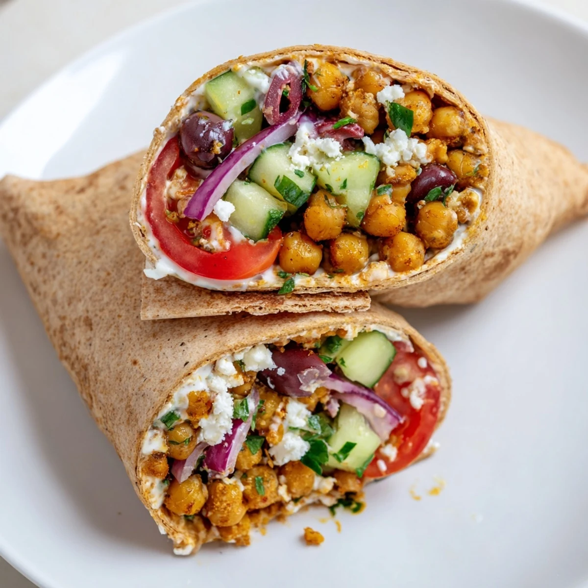 A delicious close-up of a flavorful Mediterranean Chickpea Wrap, stuffed with colorful, vibrant ingredients.