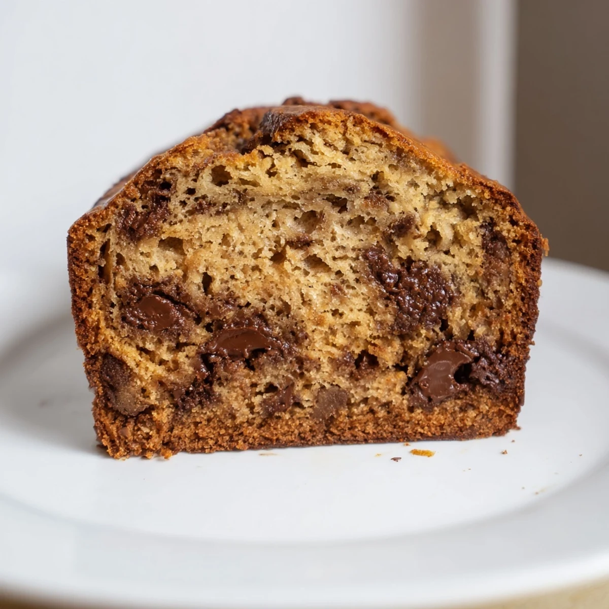 Moist chocolate chip banana bread, studded with melty chips, perfect for a breakfast treat or snack.
