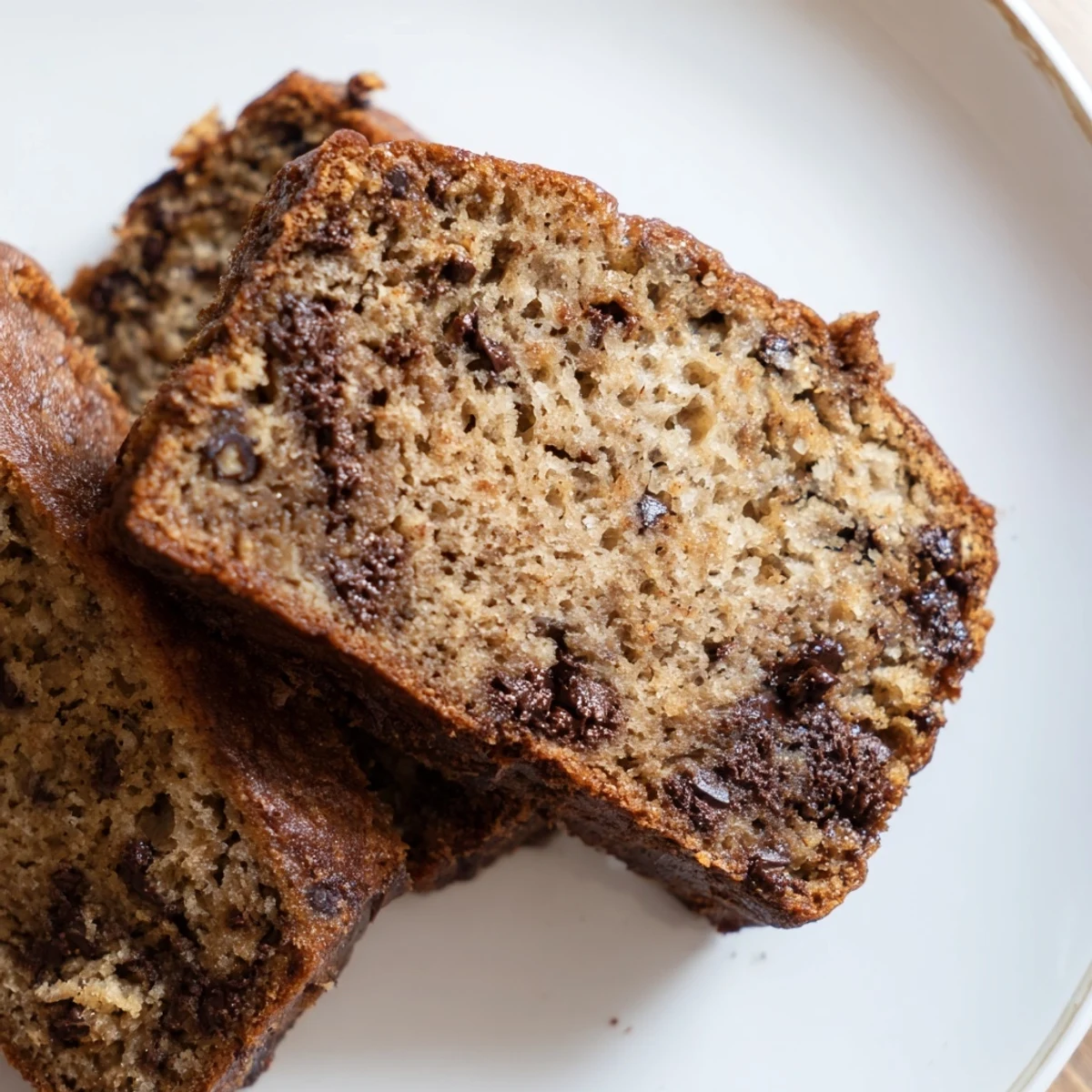 Warm, golden slices of chocolate chip banana bread, a comforting slice for any occasion.