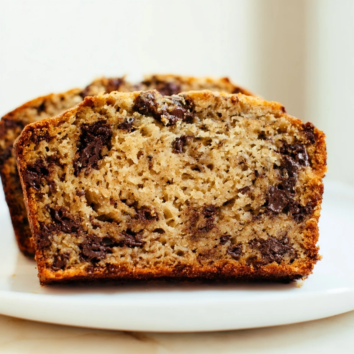 Freshly baked chocolate chip banana bread, offering a sweet and satisfying bite with every piece.