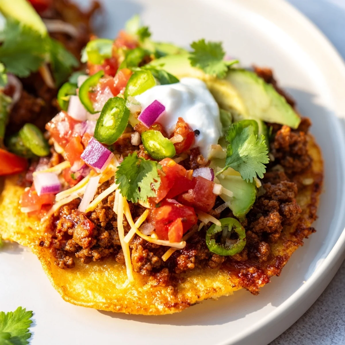 These Beef Tostadas showcase a colorful plate, featuring cheesy goodness and fresh toppings.