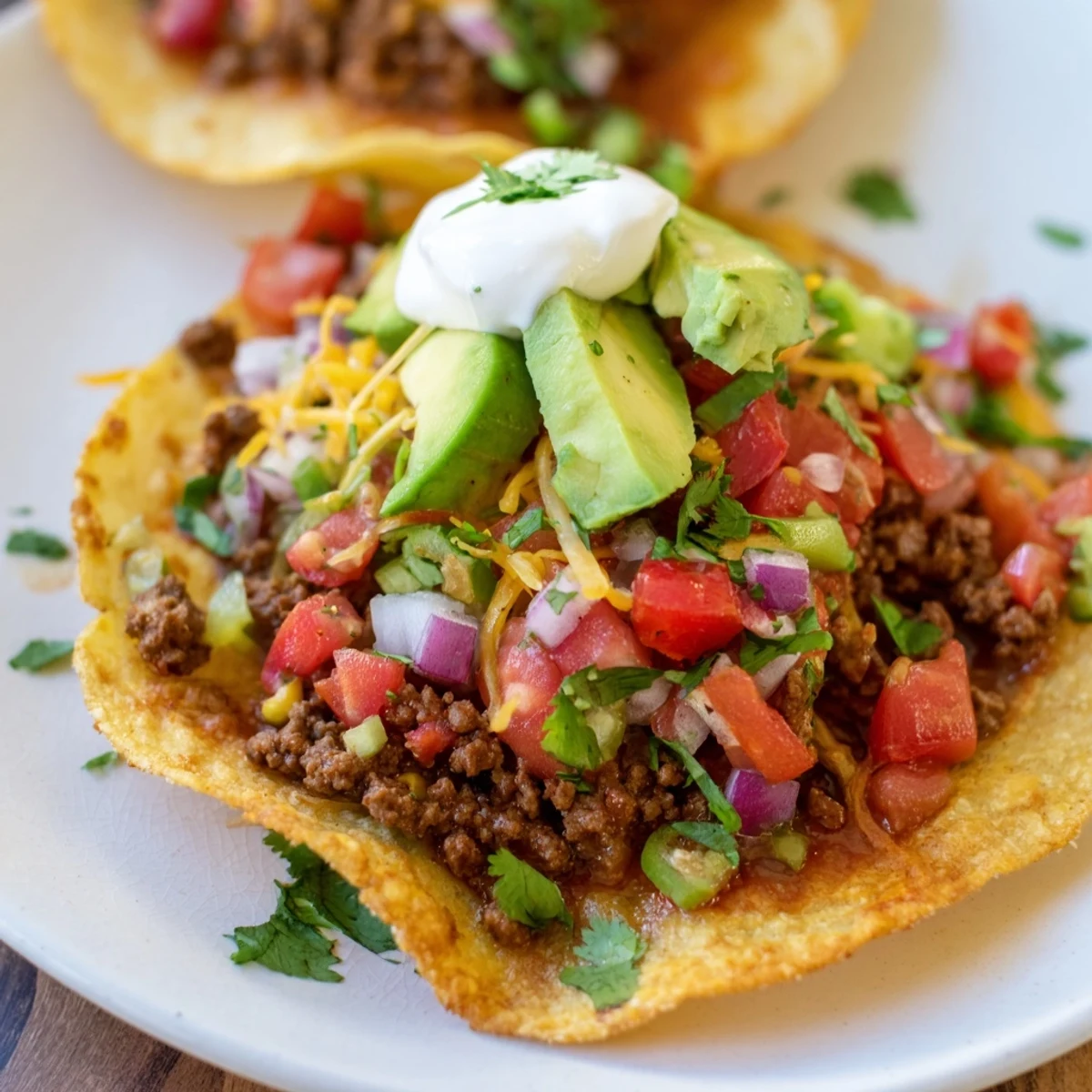Enjoy the flavors of these homemade Beef Tostadas, perfectly seasoned ground beef on a tostada shell.