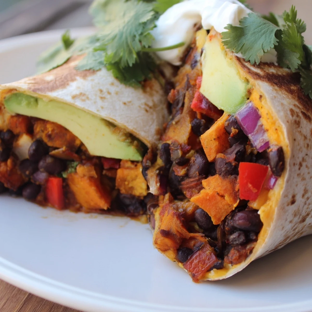 Golden brown Roasted Sweet Potato and Black Bean Burritos with creamy avocado slices and fresh cilantro on a rustic plate.