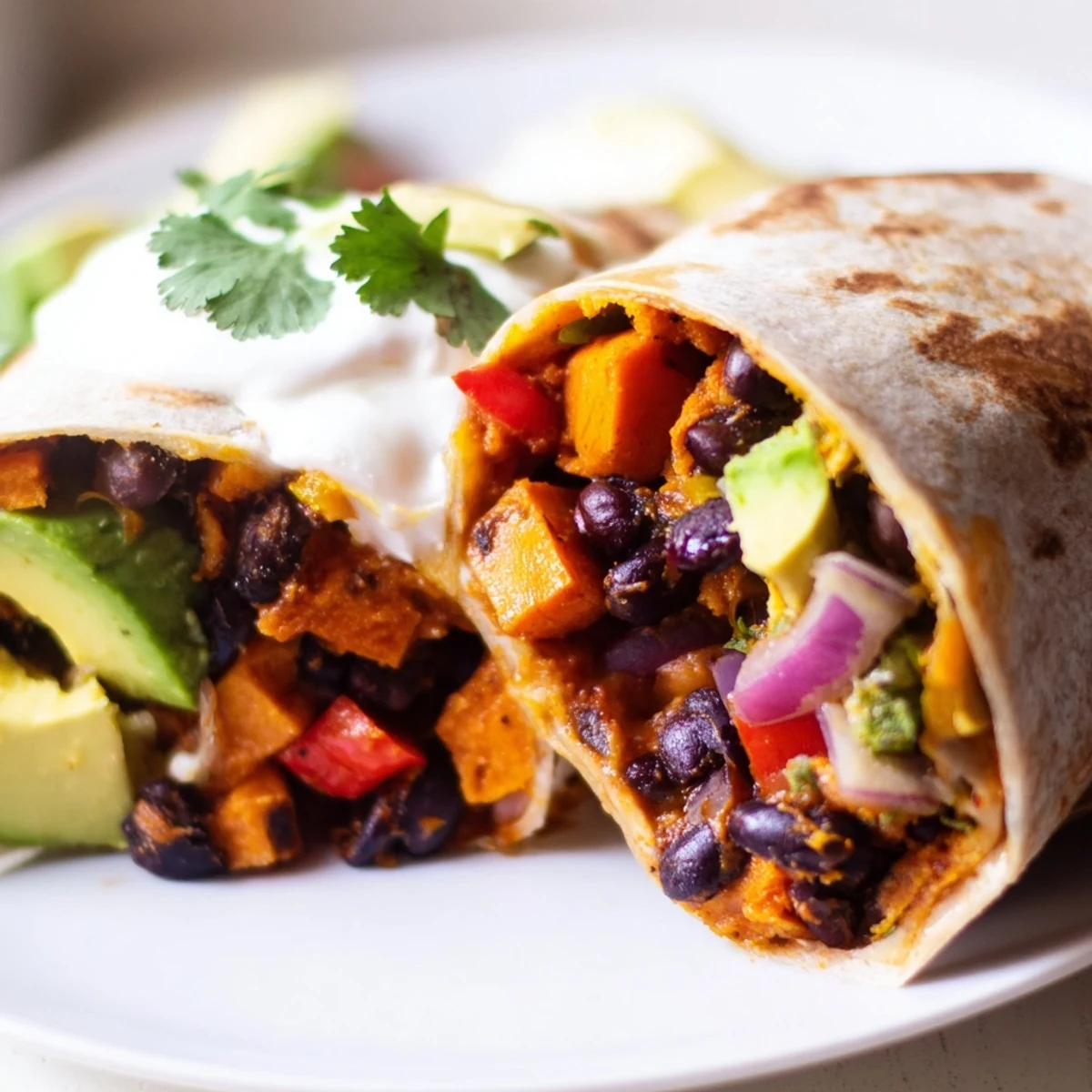 The warm flour tortilla is folded around caramelized sweet potatoes, hearty black beans, and melted Monterey Jack cheese.
