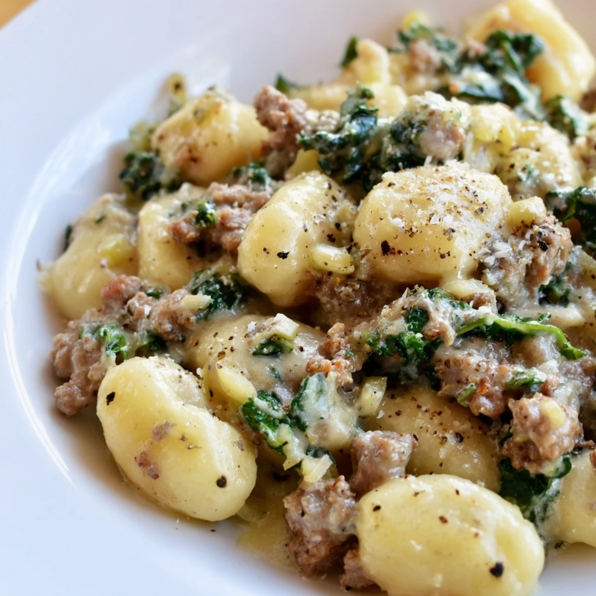 Plate of Creamy Gnocchi with Turkey Sausage and Kale, featuring vibrant green kale and rich parmesan sauce.