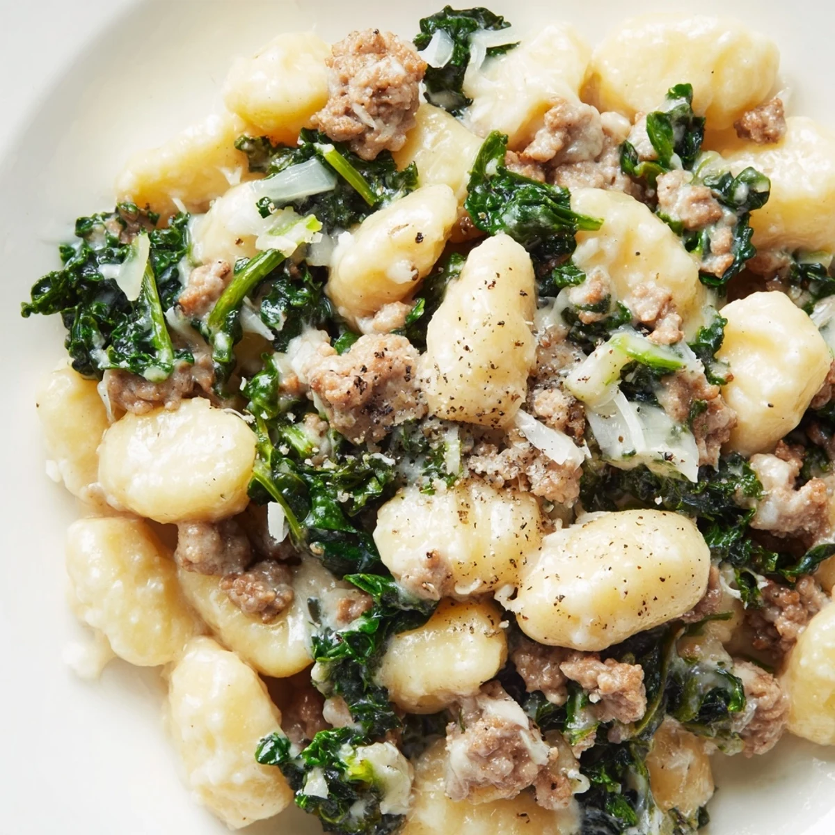 Creamy Gnocchi with Turkey Sausage and Kale served in a rustic skillet, garnished with extra parmesan and a dash of black pepper.
